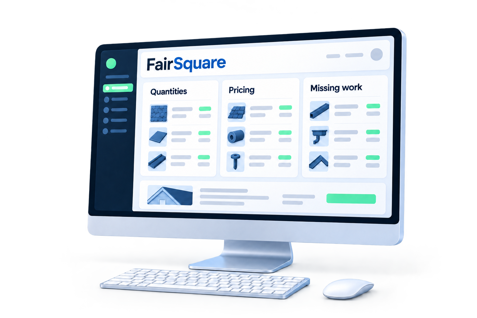 3D illustration of the FairSquare review workspace, showing quantities, pricing, and missing work